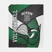 バレーボール🏐ダークグリーン、ホワイト、ブラックのスポーツ フリースブランケット (正面)