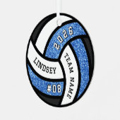 バレーボールチームプレーヤーブルーグリッタークリスマス メタルオーナメント (正面左)