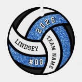 バレーボールチームプレーヤーブルーグリッタークリスマス メタルオーナメント (正面)