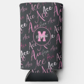 バレーボールテニスピンクのエース文字パターン炭 スリム缶クーラー (正面)