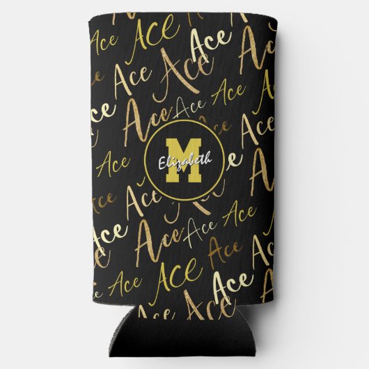 バレーボールテニス金ゴールドエース文字パターンブラック スリム缶クーラー (裏面)