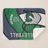 バレーボール🏐ネイビーブルー、ホワイト、グリーンのスポーツ シェルパブランケット (正面(横))
