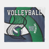 バレーボール🏐ネイビーブルー、ホワイト、グリーンのスポーツ フリースブランケット (正面(横))
