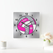 バレーボールパーソナライズされた時計、ピンク、ホワイト、シルバー スクエア壁時計 (ホーム)