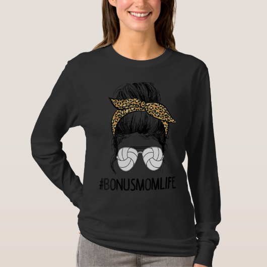 バレーボールボーナスマムライフ乱雑Bun Leopard母 Tシャツ (正面)