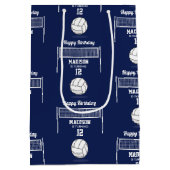 バレーボールボール&ネットネイビーブルー誕生日名年齢 ミディアムペーパーバッグ (裏面)