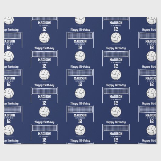 バレーボールボール&ネットネイビーブルー誕生日名年齢 ラッピングペーパー (フラット)