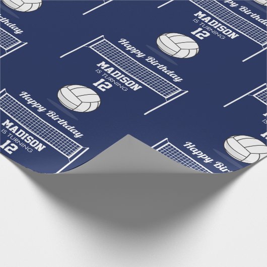 バレーボールボール&ネットネイビーブルー誕生日名年齢 ラッピングペーパー (角)