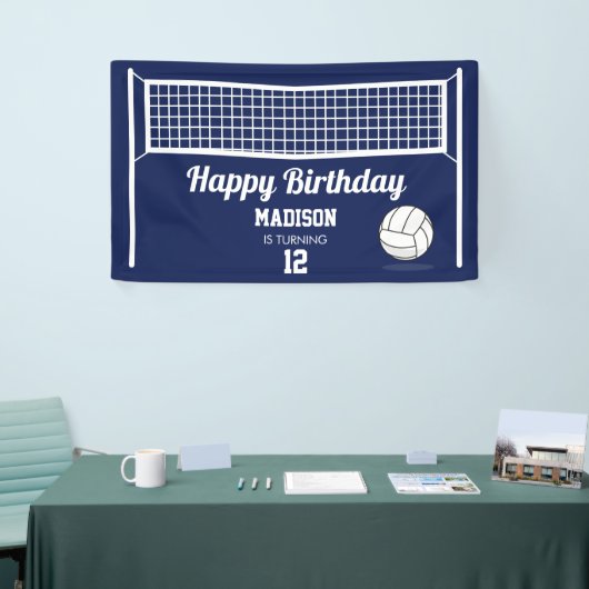 バレーボールボール&ネットネイビーブルー誕生日名年齢 横断幕 (トレードショー)