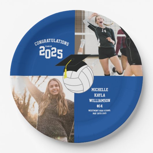 バレーボール卒業スポーツブルー ペーパープレート (正面)