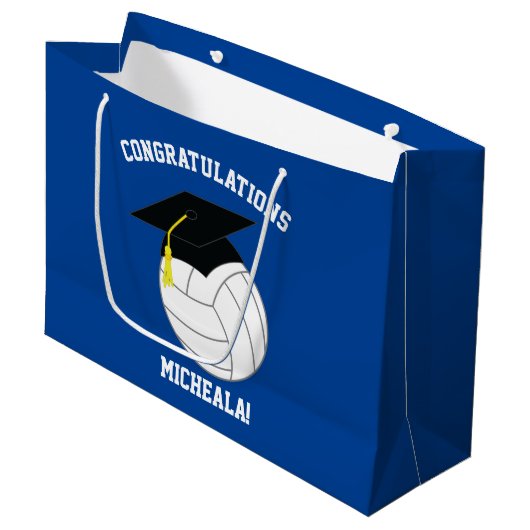 バレーボール卒業スポーツブルー ラージペーパーバッグ (正面アングル)