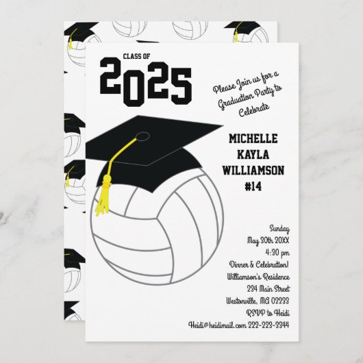 バレーボール卒業スポーツ白黒 招待状 (正面/裏面)