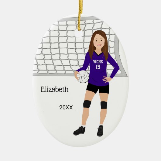 バレーボール女性ブルネット紫と黒 セラミックオーナメント (正面)