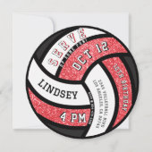 バレーボール誕生日パーティーレッドグリッター 招待状 (正面)