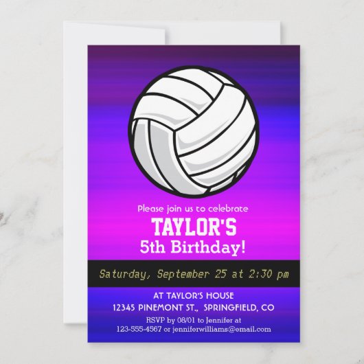 バレーボール鮮やか、紫の青とマゼンタ 招待状 (正面)