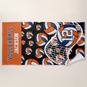 バレーボール – オレンジ、白、ネイビーブルー ビーチタオル (正面)