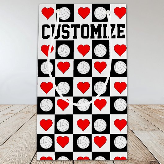 バレーボール&ハートカスタム選手の名前/文字女子 スモールペーパーバッグ