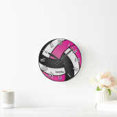 バレーボール |ホットピンク、白黒スタイル ラウンド壁時計 (ホーム)