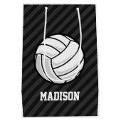 バレーボール、黒と濃いグレーのストライプ ミディアムペーパーバッグ (裏面)