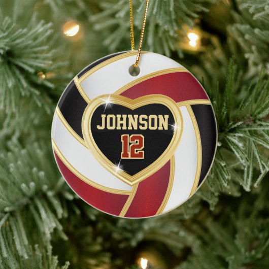 バレーボール🏐❤黒、白、およびマルーンレッド セラミックオーナメント (ツリー)