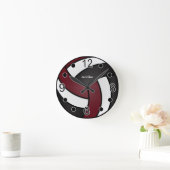 バレーボール |黒、白、および濃い赤 ラウンド壁時計 (ホーム)