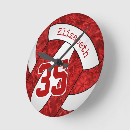 バレーボ赤と白ールチームの色の女の子スポーティ ラウンド壁時計 (傾斜)