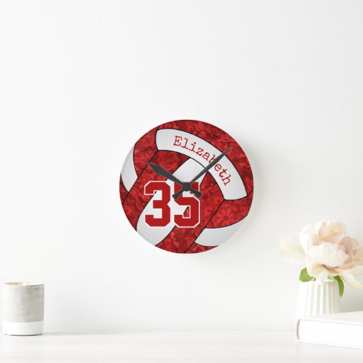 バレーボ赤と白ールチームの色の女の子スポーティ ラウンド壁時計 (ホーム)