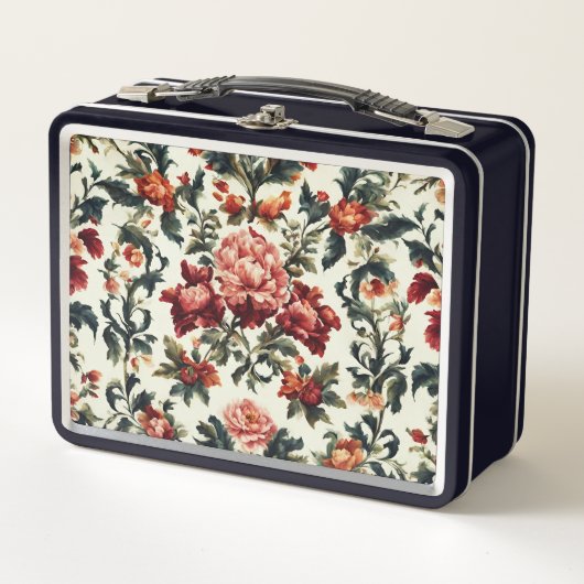 バロイタリアンーク。シックな花葉と花 メタルランチボックス (正面)