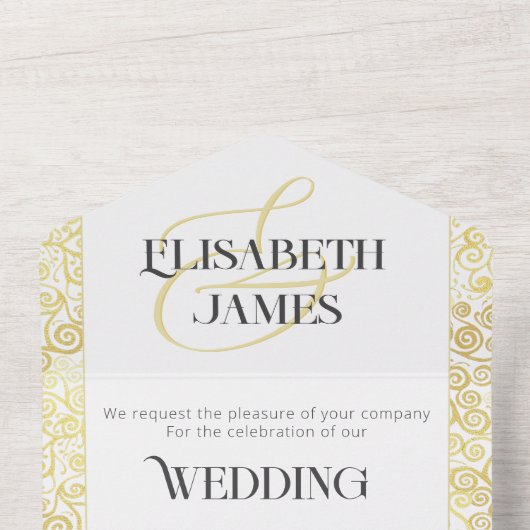 バロエレガントークの上品な白と金ゴールドの結婚数 オールインワン招待状 (内側上部)