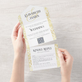 バロエレガントークの上品な白と金ゴールドの結婚数 オールインワン招待状