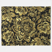 バロエレガントークフローラダマスイン金ゴールド&ブラック フリースブランケット (正面(横))