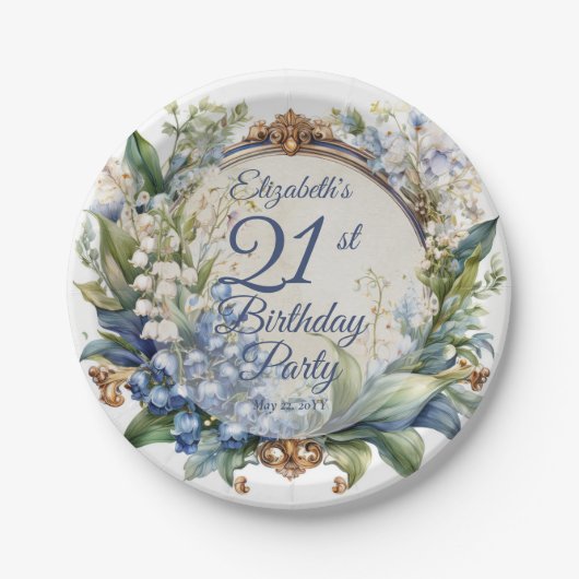 バロエレガントークフローラフレーム21歳の誕生日パーティー ペーパープレート (正面)