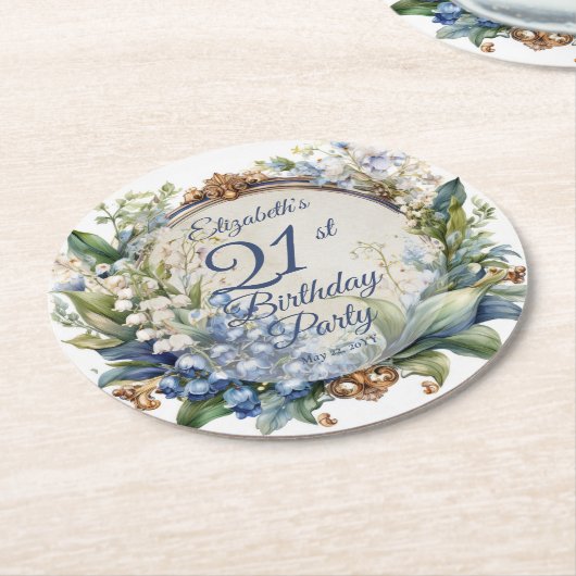 バロエレガントークフローラフレーム21歳の誕生日パーティー ラウンドペーパーコースター (アングル)