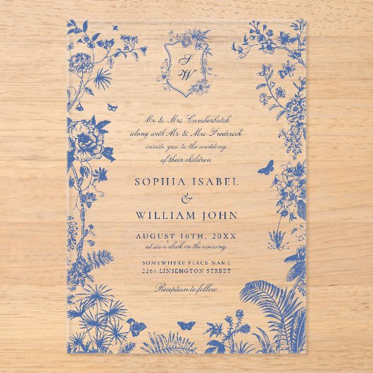 バロエレガントークブルーフランスのガーデン結婚フローラ アクリル招待状 (正面)