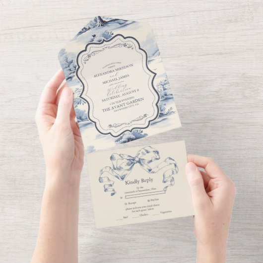 バロエレガントークブルーフランスのガーデン結婚フローラ オールインワン招待状 (貼ってはがせる)