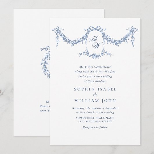 バロエレガントークブルーフランスのガーデン結婚フローラ 招待状 (正面/裏面)