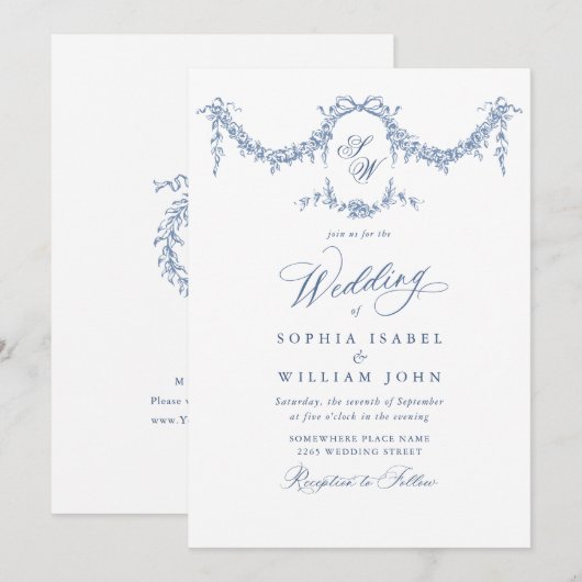 バロエレガントークブルーフランスのガーデン結婚フローラ 招待状 (正面/裏面)