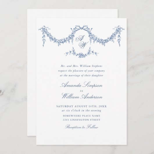 バロエレガントークブルーフランスのガーデン結婚フローラ 招待状 (正面/裏面)