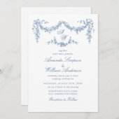 バロエレガントークブルーフランスのガーデン結婚フローラ 招待状 (正面/裏面)