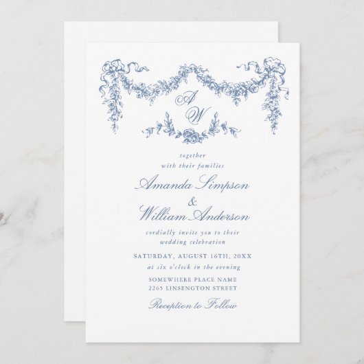 バロエレガントークブルーフランスのガーデン結婚フローラ 招待状 (正面/裏面)