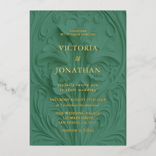 バロコフローラ結婚ズグリーン 箔招待状 (正面)