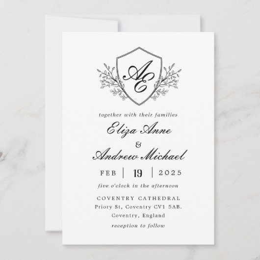 バロックのクレストモノグラム白黒結婚ズ 招待状 (正面)