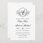 バロックのクレストモノグラム白黒結婚ズ 招待状 (正面/裏面)