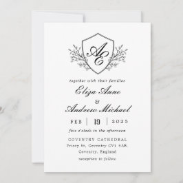 バロックのクレストモノグラム白黒結婚ズ 招待状