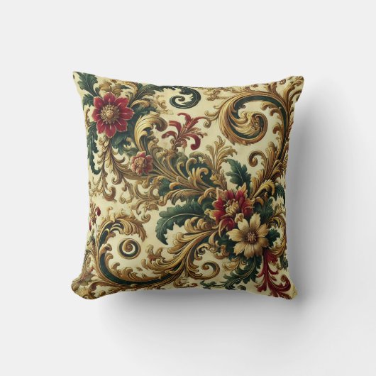 バロックの花のパターンと金ゴールド、赤、緑A クッション (正面)