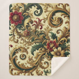 バロックの花のパターンと金ゴールド、赤、緑A シェルパブランケット