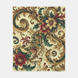 バロックの花のパターンと金ゴールド、赤、緑A フリースブランケット