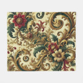 バロックの花のパターンと金ゴールド、赤、緑A フリースブランケット (正面(横))