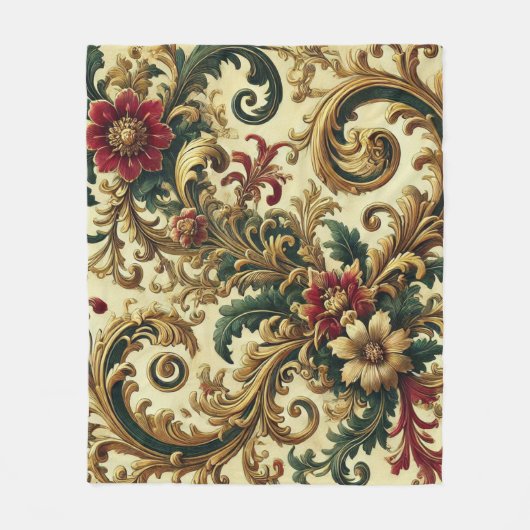 バロックの花のパターンと金ゴールド、赤、緑A フリースブランケット (正面)