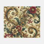 バロックの花のパターンと金ゴールド、赤、緑A フリースブランケット (正面(横))